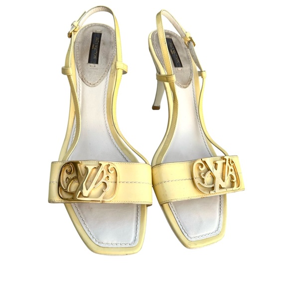 Louis Vuitton Vintage Metallic Logo Sandals Yellow Patent Leather Slingback - Picture 1 of 17